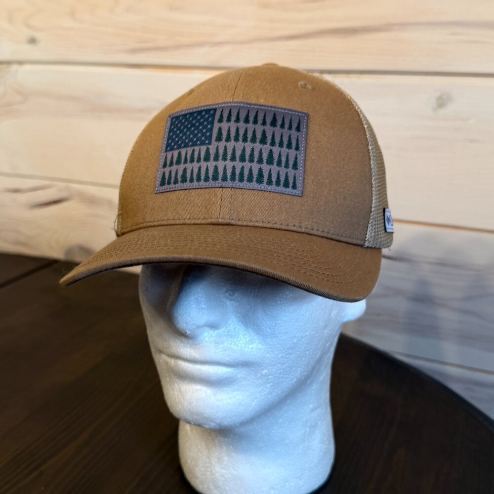 Columbia Tree Flag Fitted Mesh Back Trucker Hat Tan One Size Flexfit